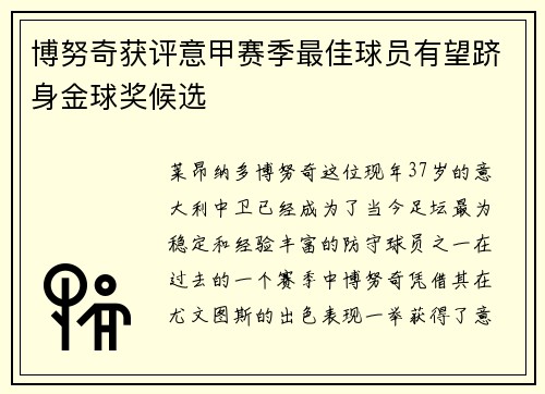 博努奇获评意甲赛季最佳球员有望跻身金球奖候选