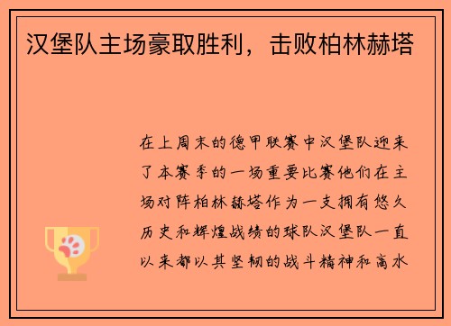 汉堡队主场豪取胜利，击败柏林赫塔