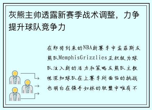 灰熊主帅透露新赛季战术调整，力争提升球队竞争力
