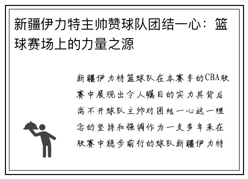 新疆伊力特主帅赞球队团结一心：篮球赛场上的力量之源
